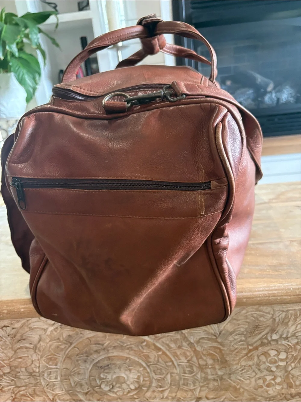 Leather Weekender Duffel Bag - Brown